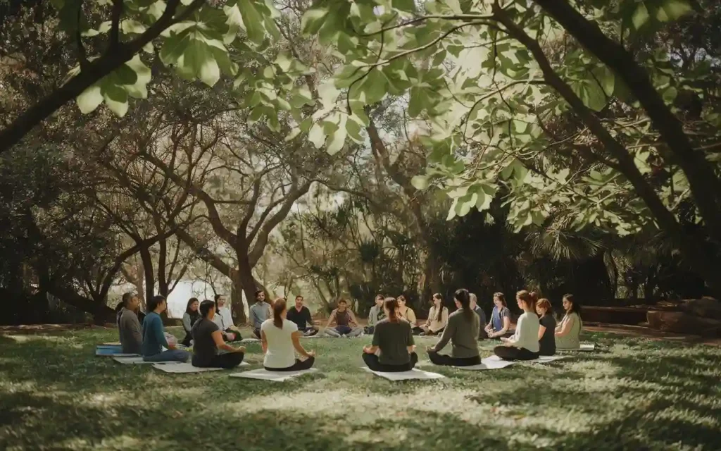 A group meditating during a fasting retreat in nature