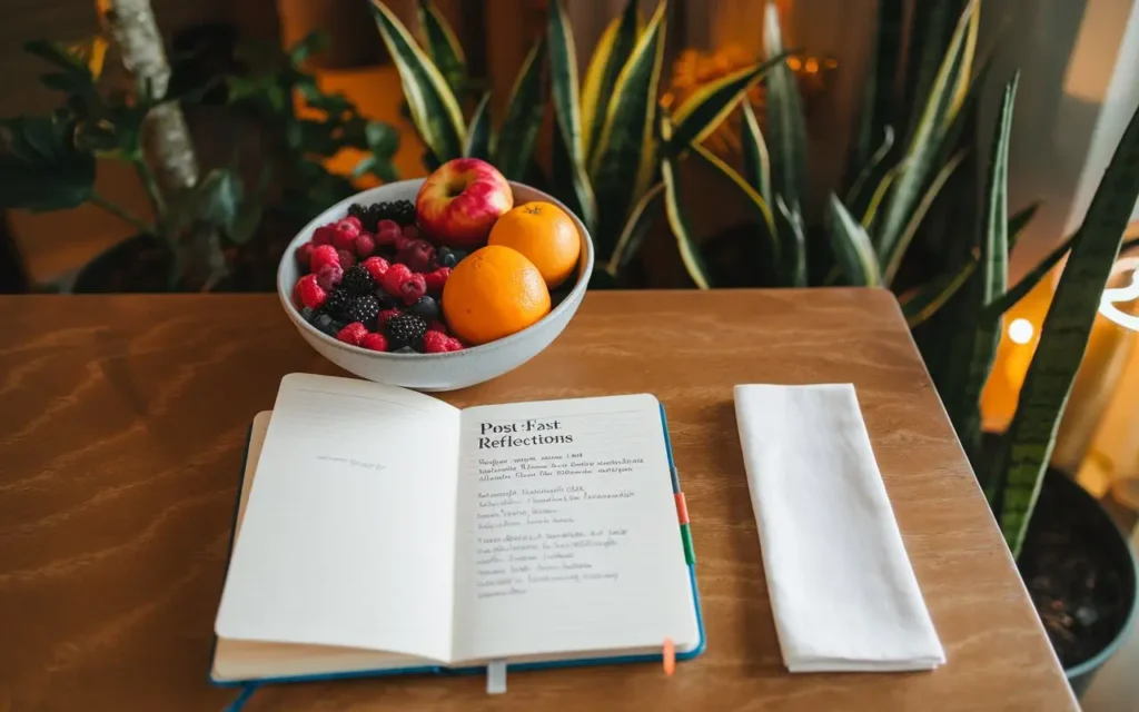 A healthy bowl of fruits and a notebook with reflections, symbolizing post-fast practices.