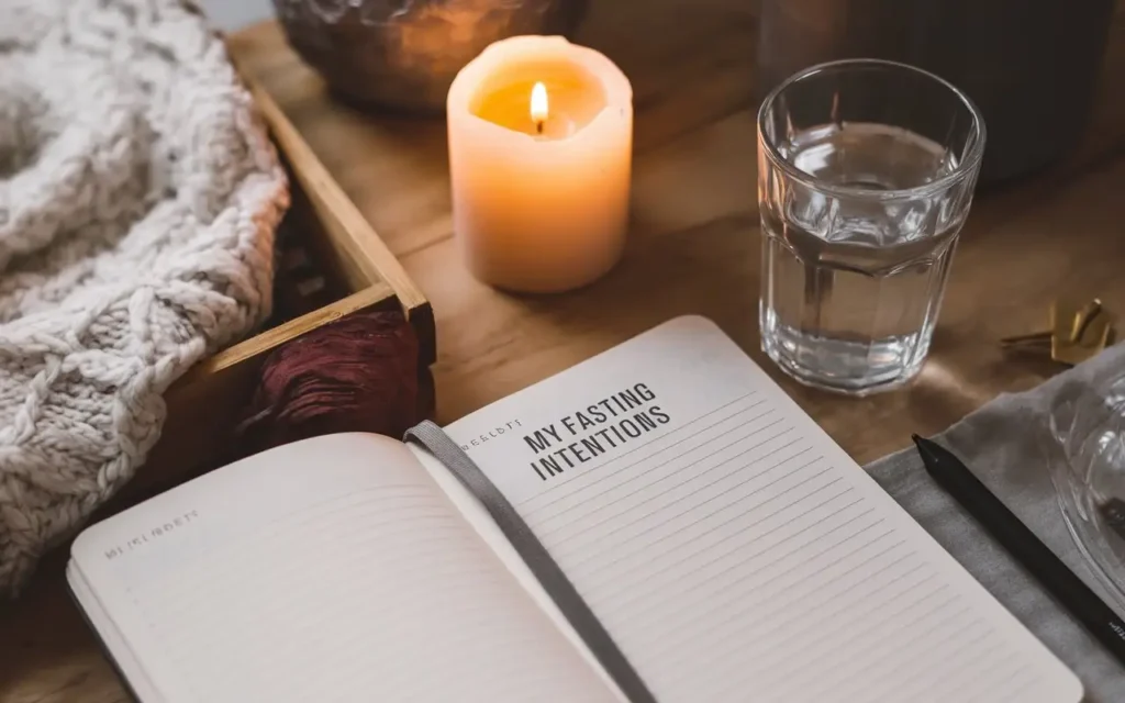 A journal, a glass of water, and a serene candlelit setup for spiritual fasting preparation.