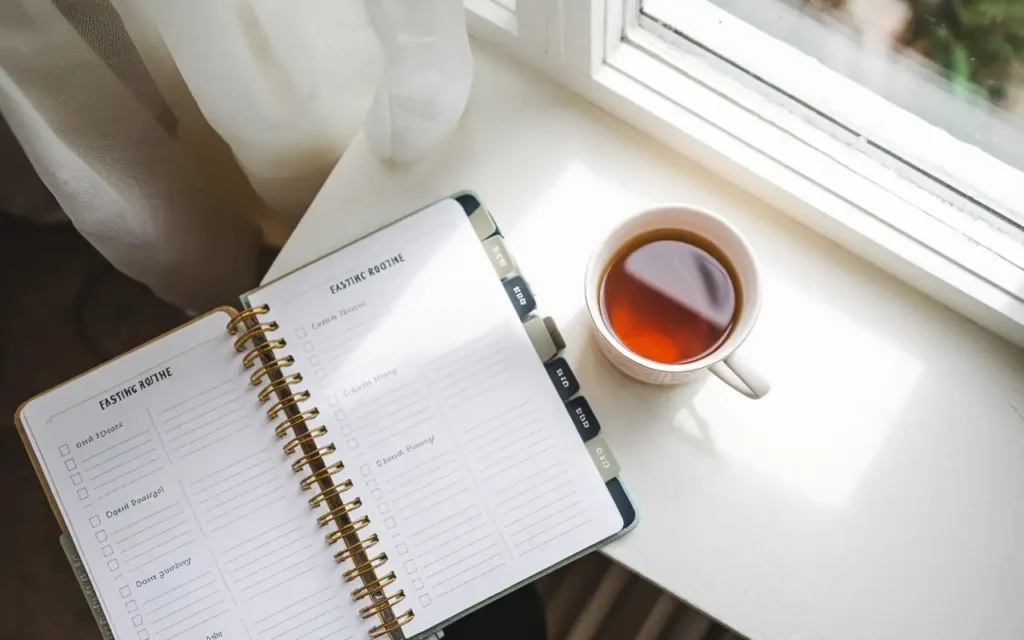 A schedule planner and a peaceful morning scene for creating a daily fasting routine