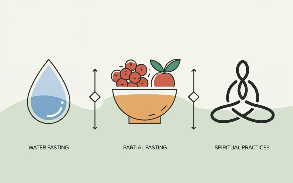 A visual depiction of various fasting styles with symbolic representations, such as water, fruits, and meditation icons.