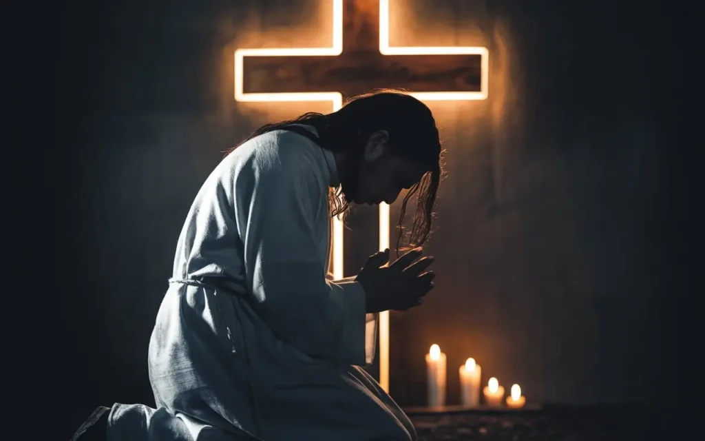 A praying person with a glowing cross symbolizing spiritual warfare fasting.
