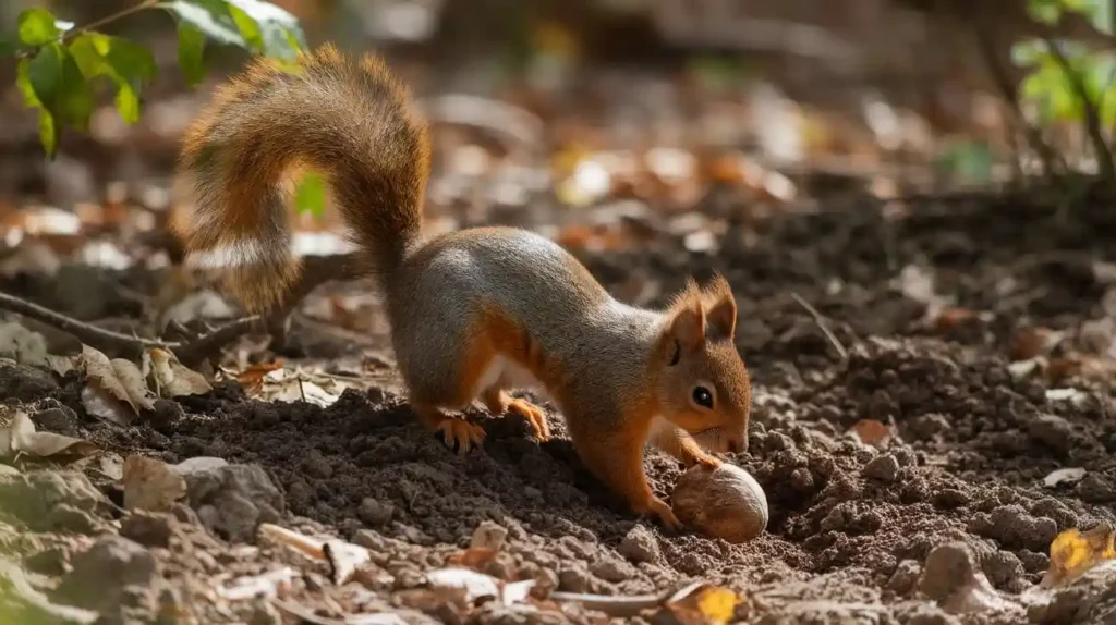 A squirrel burying a nut in the ground for future use