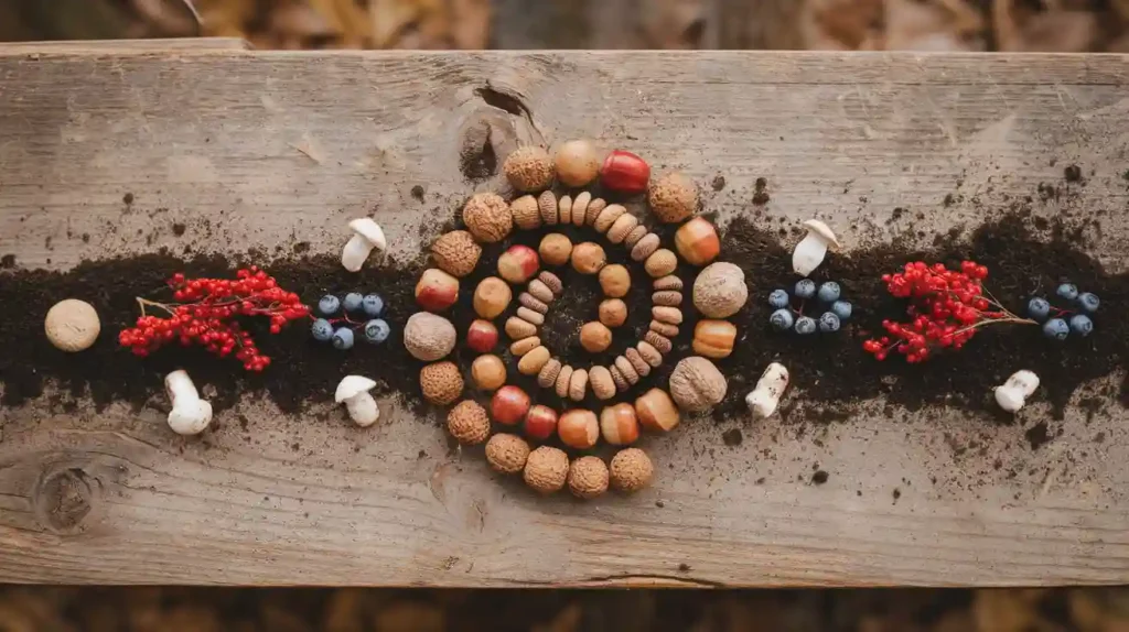 A variety of nuts, seeds, berries, and mushrooms displayed on a wooden surface squirrels diet