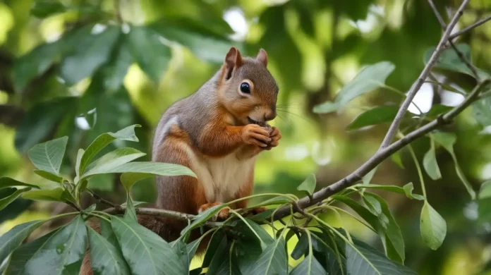 A squirrel eating nuts on a tree branch, showcasing its natural diet.