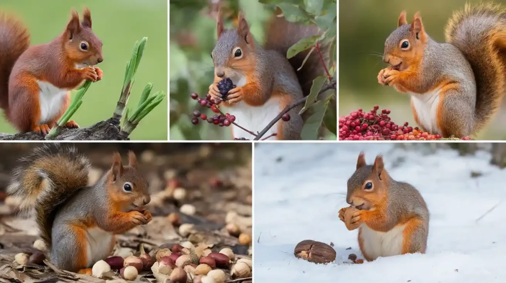 Four images showing squirrels eating in different seasons: spring, summer, autumn, and winter