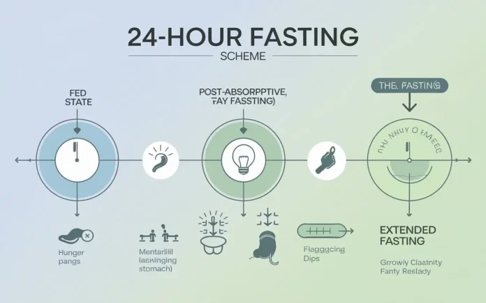 A visual timeline depicting stages of fasting symptoms with icons for physical and mental changes.