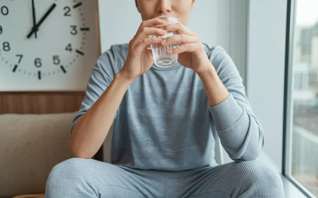 A person drinking water during the post-absorptive state of fasting.