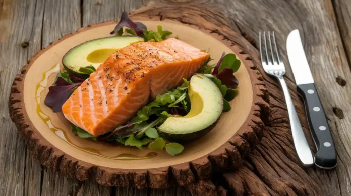 A delicious plate of starch-free food featuring grilled salmon, fresh vegetables, and a healthy dressing.