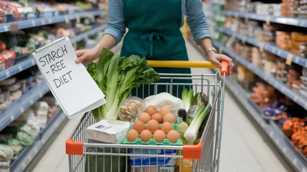 A person shopping for starch-free groceries with a list and a cart full of vegetables and proteins.