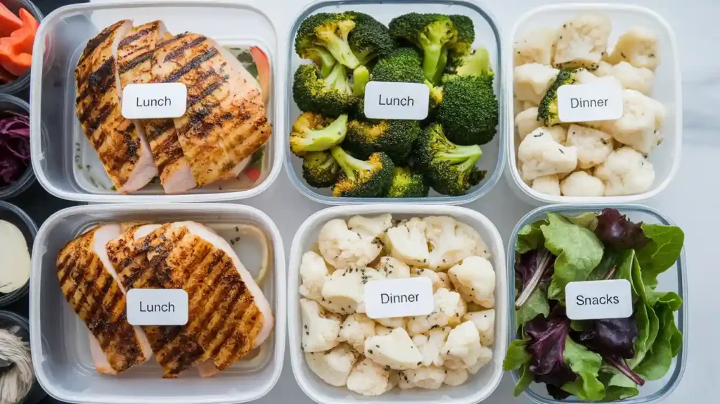 A meal prep setup with labeled containers of starch-free foods like chicken, broccoli, and cauliflower rice.