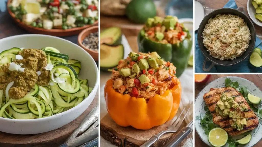 A collection of starch-free dishes, including zucchini noodles, cauliflower fried rice, and a stuffed bell pepper.