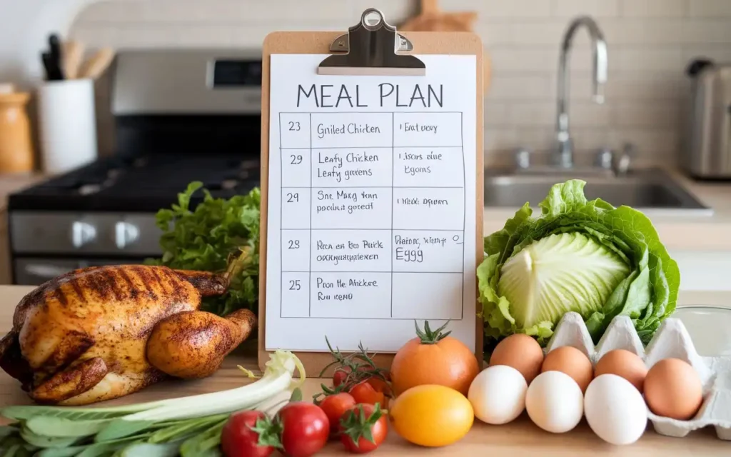 A meal plan for the Stillman Diet displayed on a clipboard.
