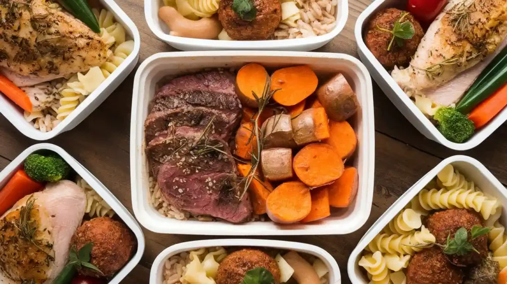 A meal prep container with high-calorie meals for the strongman diet.