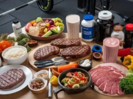 A table loaded with strongman diet foods, including meats, rice, and vegetables.