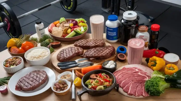 A table loaded with strongman diet foods, including meats, rice, and vegetables.