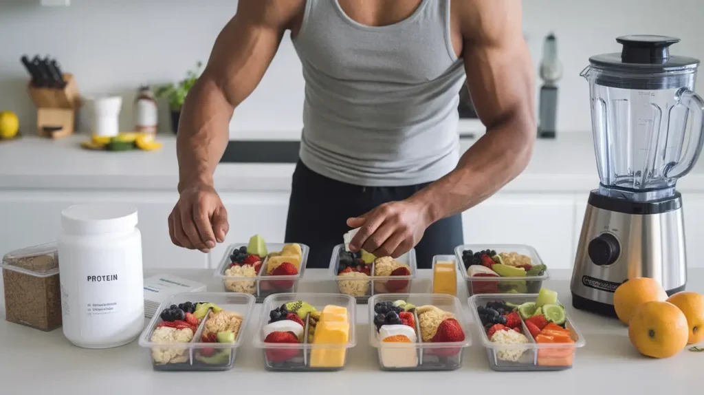 A strongman preparing meals for the week as part of their diet.