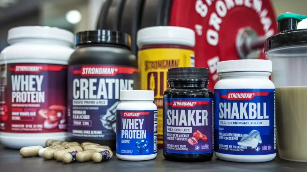 Supplements commonly used in a strongman diet, including protein powder and creatine.
