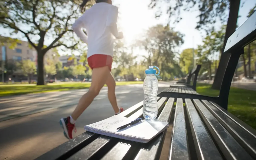 A person enjoying a workout outdoors with a water bottle, alongside a notebook labeled "Healthy Habits