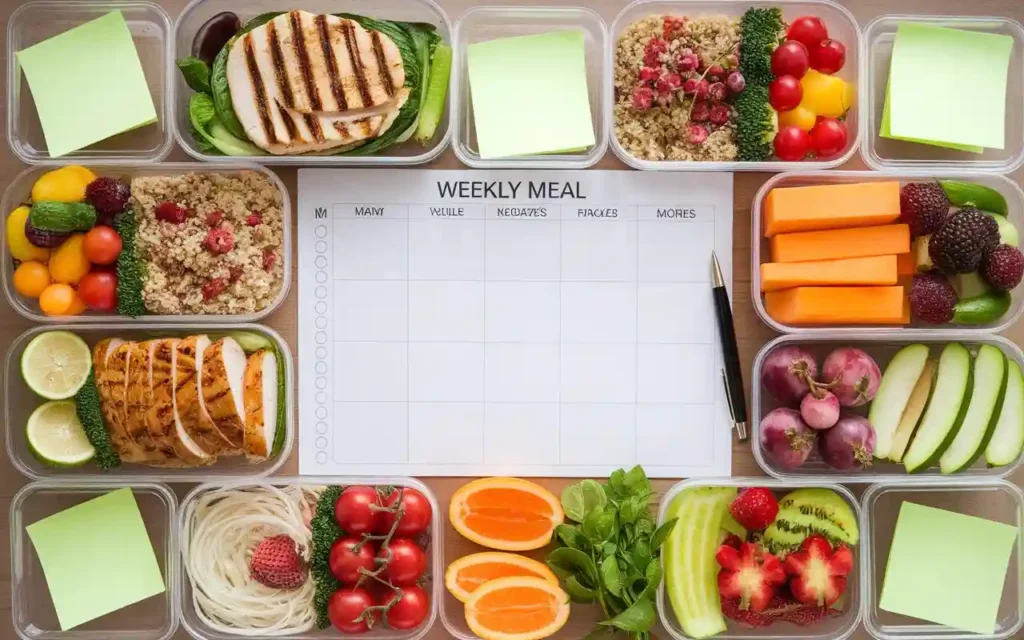 A neatly arranged weekly meal planner with colorful healthy meals displayed beside it.