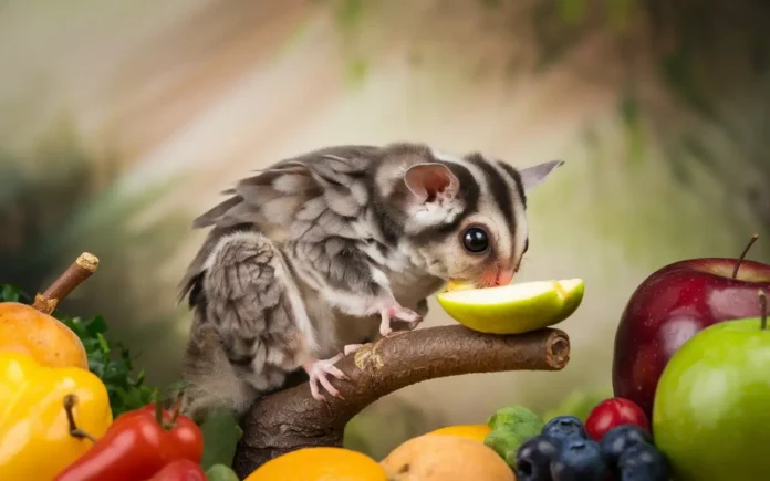 A sugar glider eating fruits and vegetables in a colorful bowl