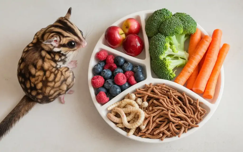 A sugar glider exploring a plate with various food options like fruits, vegetables, and insects