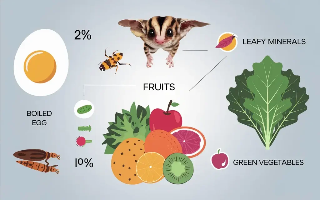 Illustration of sugar glider dietary needs: protein, fruits, and vegetables