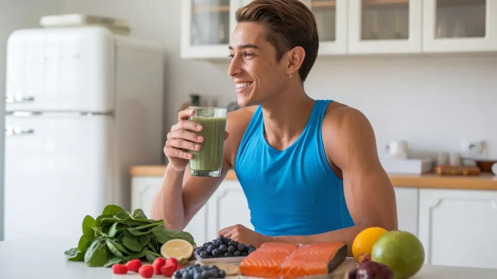 A fit individual surrounded by healthy food, symbolizing the benefits of the Superhuman Diet