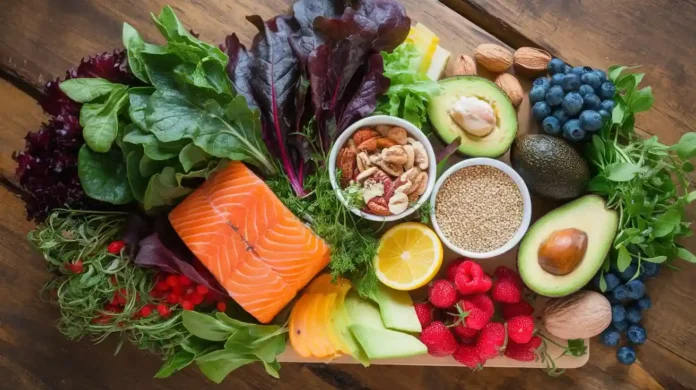 A vibrant array of nutrient-dense foods displayed on a table representing the Superhuman Diet