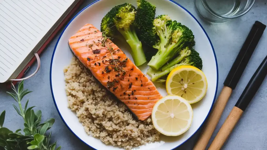 A well-balanced Superhuman Diet meal with protein, vegetables, and grains.