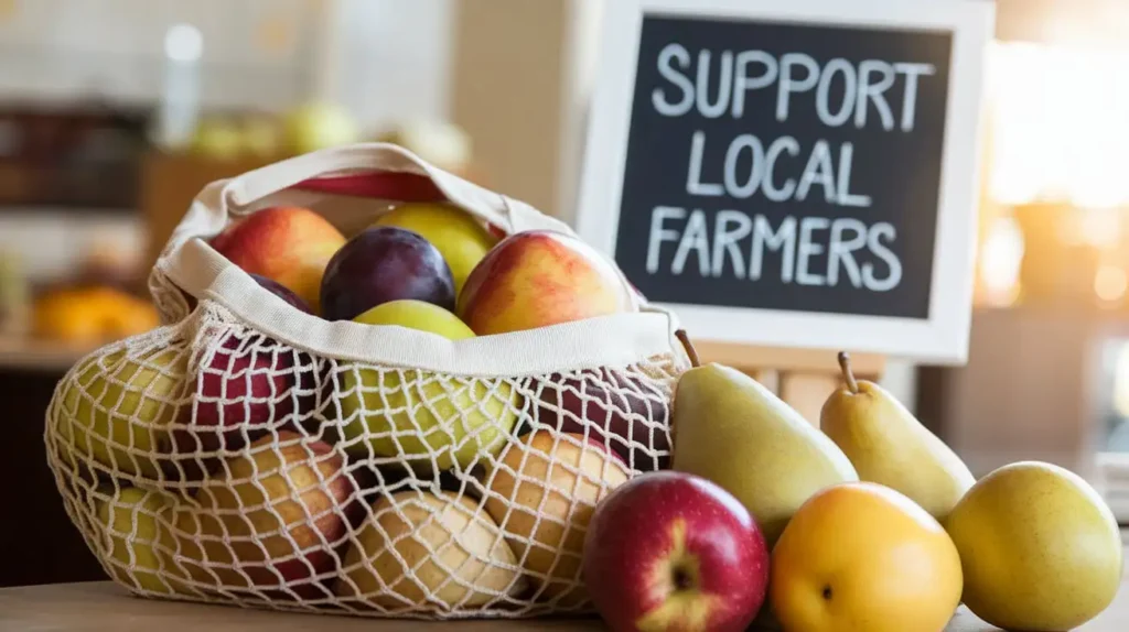 A reusable bag filled with fresh fruits promoting sustainable eating.