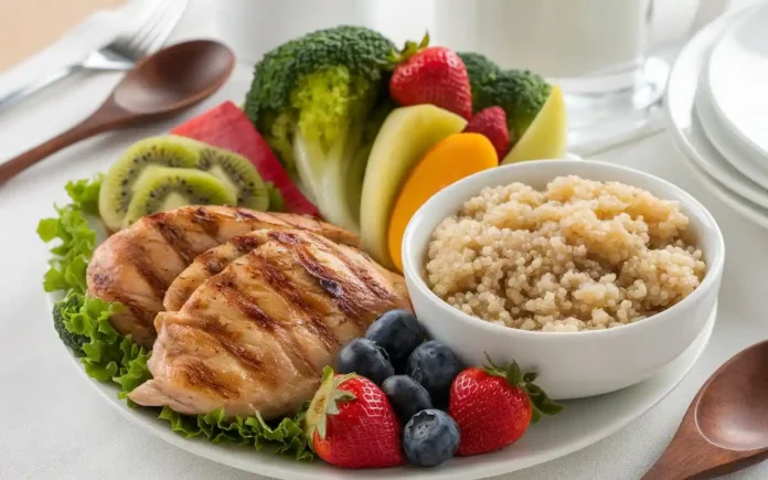 A balanced meal with proteins, carbohydrates, and vegetables tailored for swimmers diet.