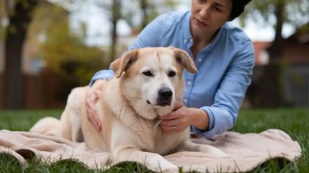 A dog showing symptoms of pancreatitis, such as lethargy and abdominal pain.