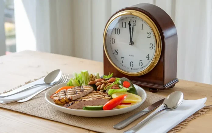 A vibrant and inviting image showcasing a healthy meal and a fasting clock to represent "the complete guide to fasting."