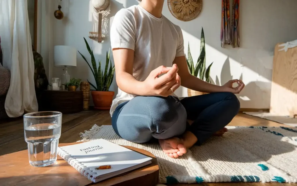 A serene image illustrating the concept of fasting with a person meditating in calm surroundings.