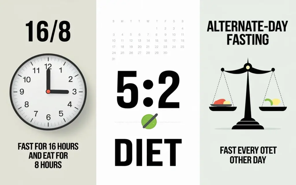 A visual comparison of popular fasting methods like 16/8, 5:2, and alternate-day fasting.