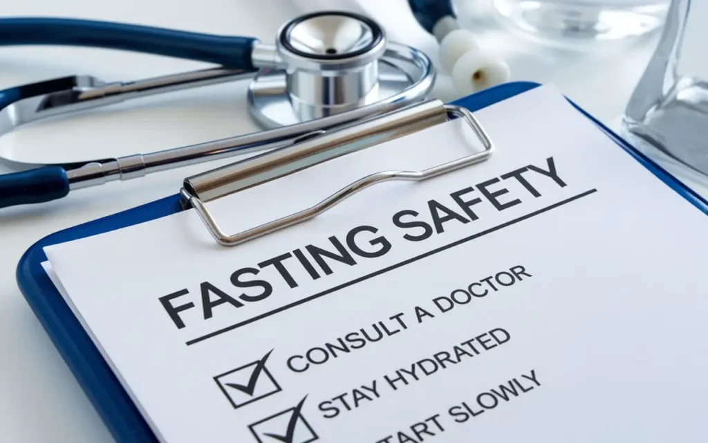 A detailed checklist image showing fasting safety tips with medical guidance.