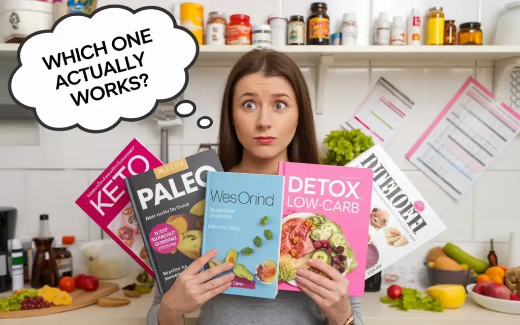 A person struggling to choose between different fad diets, symbolizing the confusion around the diet myth.