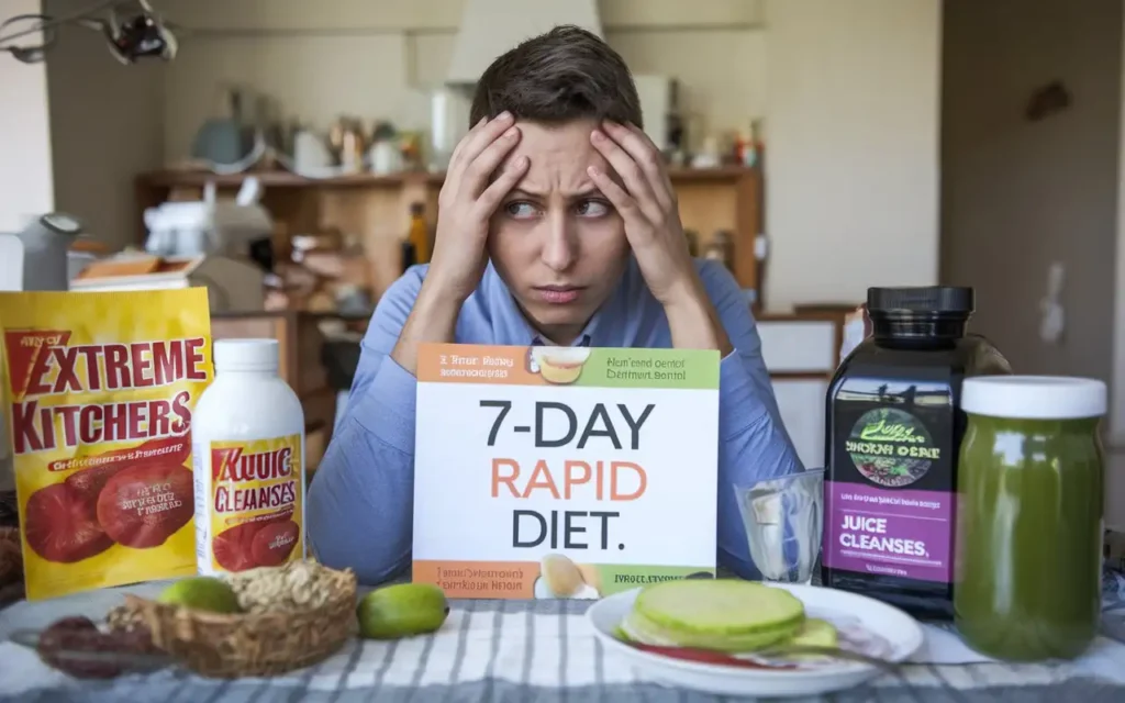 A frustrated person holding a ‘7-Day Rapid Diet’ plan, illustrating the diet myth of quick fixes.