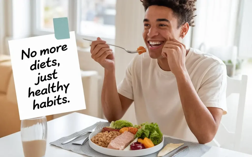 A person happily enjoying a balanced meal, emphasizing a sustainable approach over the diet myth of extreme restriction.