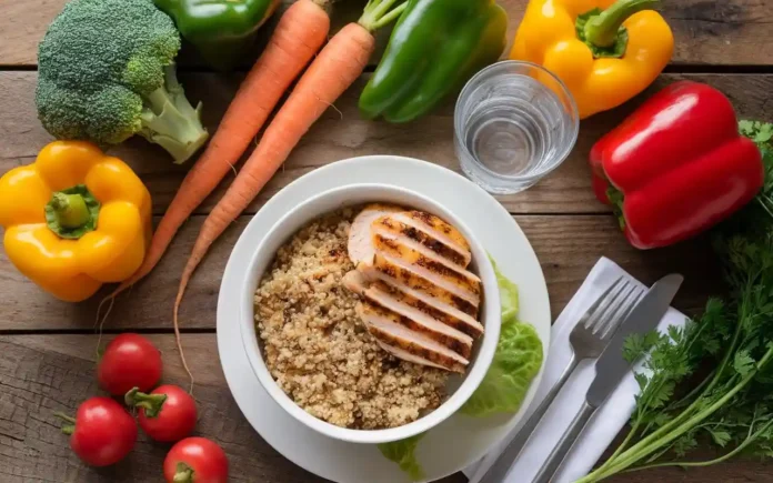 A vibrant, healthy meal illustrating The Human Being Diet principles with fresh vegetables, fruits, and grains