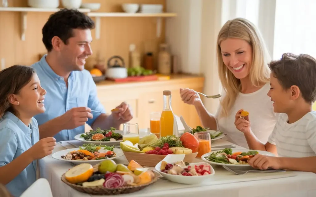 A family enjoying a nutritious meal together, promoting The Human Being Diet