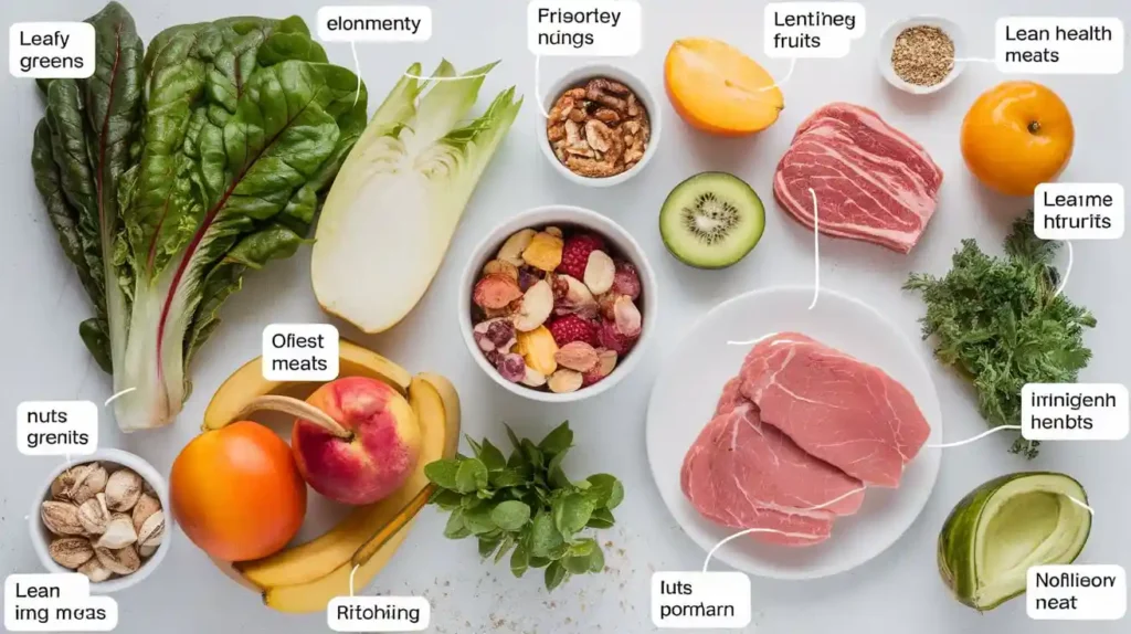 Ingredients of The Maker's Diet, including fresh produce, lean meats, and nuts.
