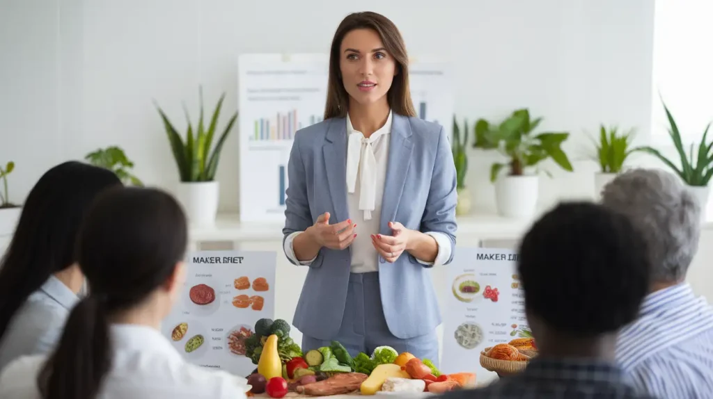 A nutritionist explaining The Maker's Diet to a group of individuals.