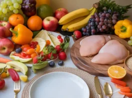 A healthy meal spread on a rustic wooden table, showcasing the fresh foods emphasized in The Maker's Diet.