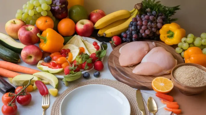 A healthy meal spread on a rustic wooden table, showcasing the fresh foods emphasized in The Maker's Diet.