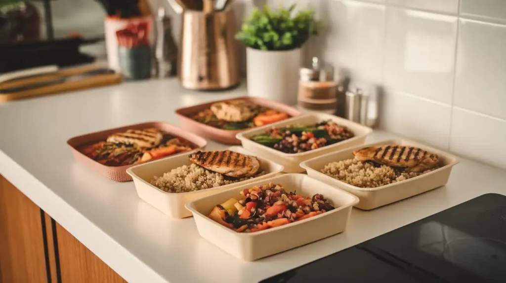 A meal prep station with neatly organized containers of Maker's Diet-approved meals.