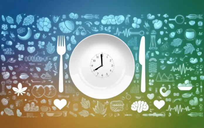 A conceptual image representing the power of fasting with vibrant health symbols, including a clock, a plate, and glowing energy particles."