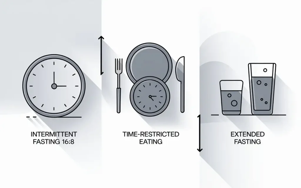 An infographic-style image showing the different types of fasting, including intermittent, extended, and time-restricted eating