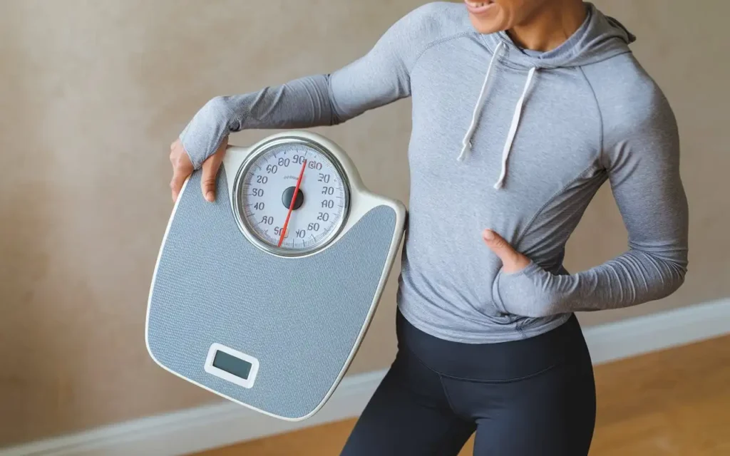 A motivating image of a fit individual standing by a scale, symbolizing the weight loss benefits of fasting